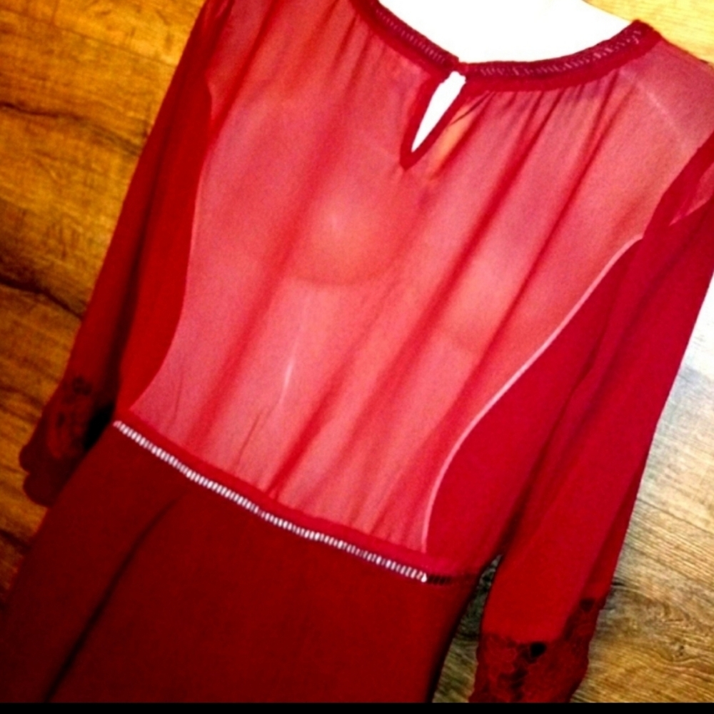 B Sharp Mini Dress Size Small Red Bohemian Keyhole Cutout Nwot - Picture 10 of 13